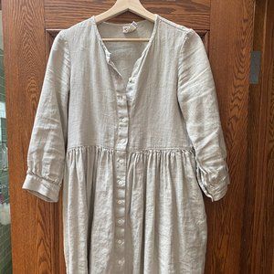 Beaton Linen Gathered Dress in Bone Small